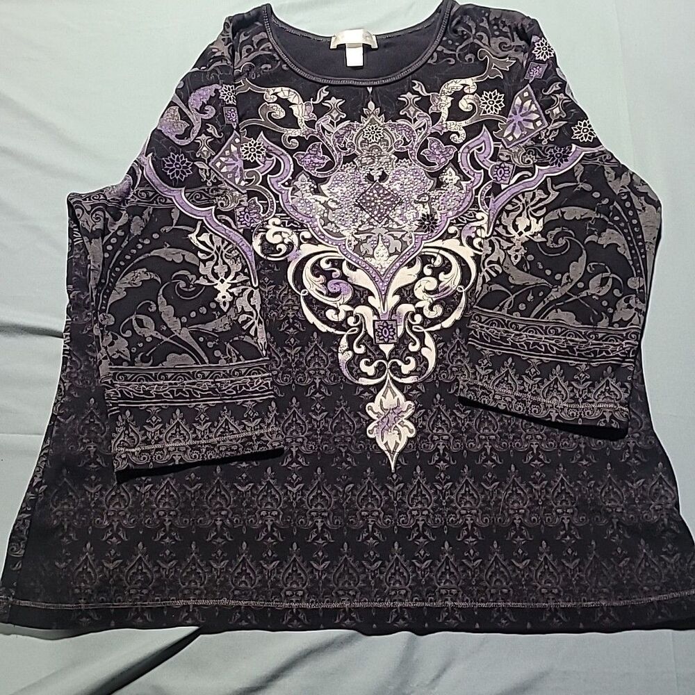 Dressbarn Purple Black Tunic With Intricate Baroque Pattern & 3/4 Sleeves Sz 1X